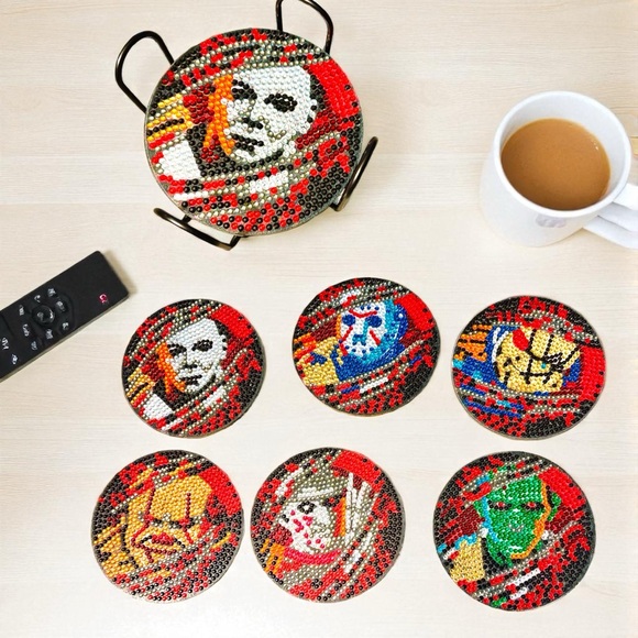 Hand Crafted Other - Halloween Scary Character Coaster Set of 6 with Holder Diamond Painted & Sealed